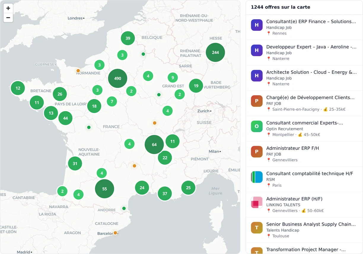 Carte des missions : pastilles de regroupement sur la France et, à droite, la liste des offres de la zone affichée.