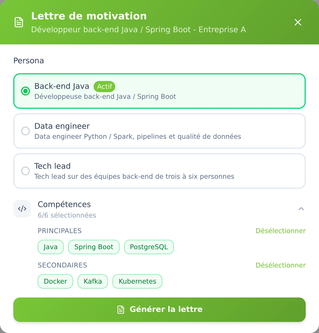 Fenêtre de lettre de motivation ouverte depuis une mission : le profil à utiliser et les compétences à mentionner, avant la rédaction.
