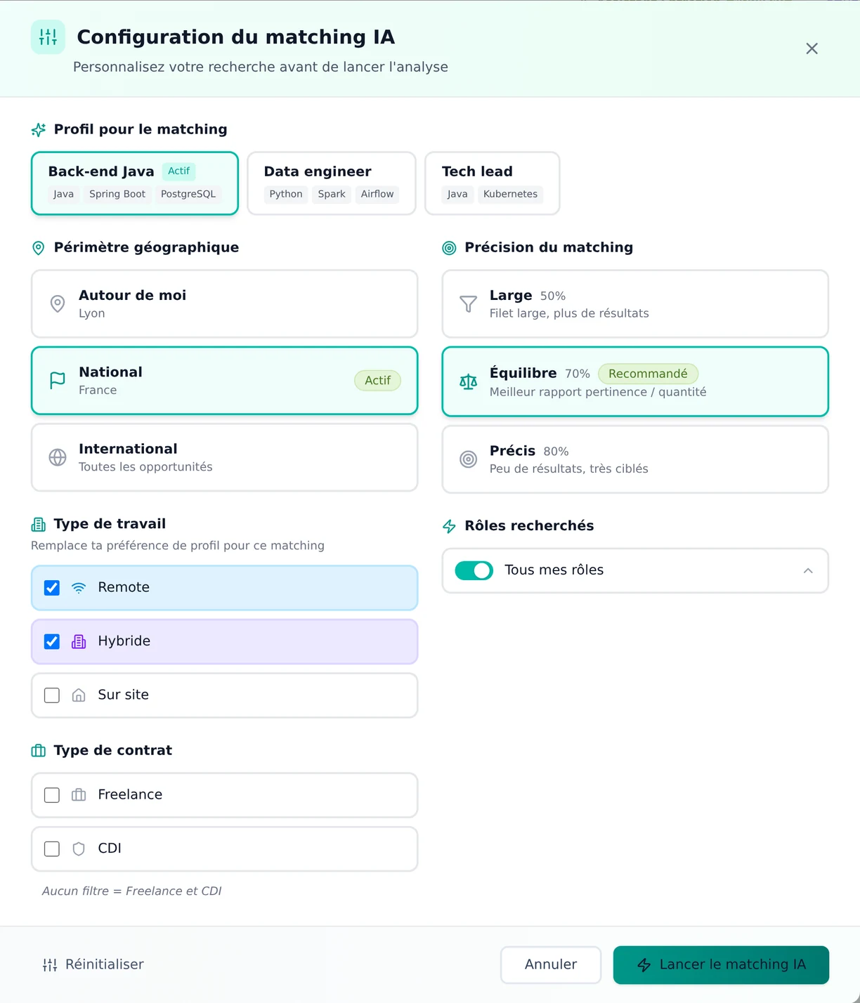 Fenêtre de configuration du matching : le profil à utiliser, le périmètre géographique, la précision, le type de travail et le type de contrat.